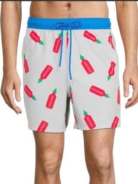 Sriracha Men's Light Gray Swim Trunks with Red Hot Sauce Print XXL
